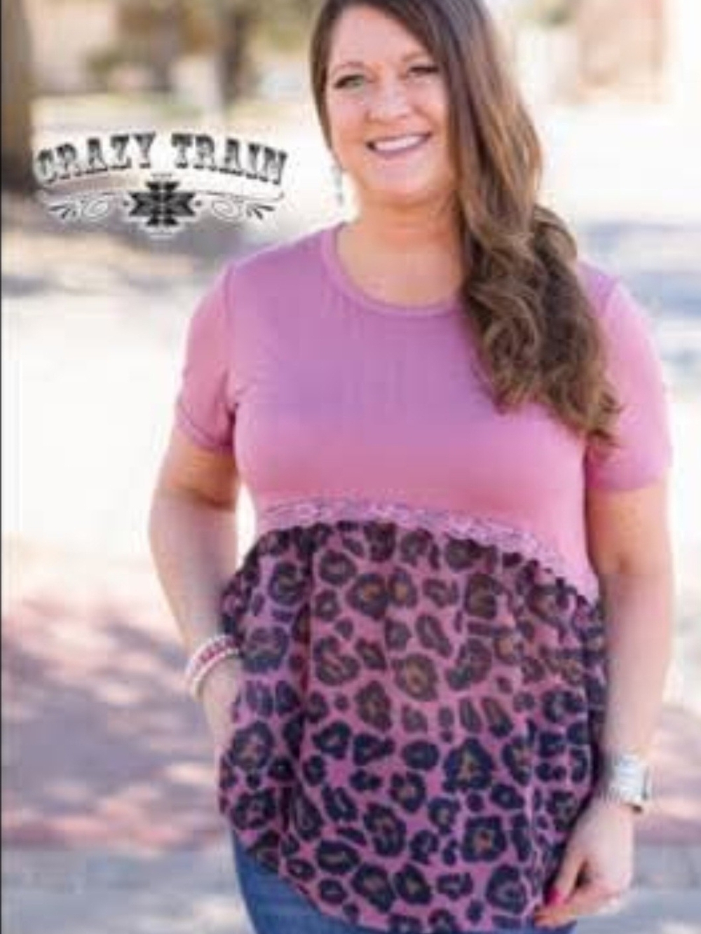 Crazy Train Pink Short-Sleeve Babydoll Top with Pink & Brown Leopard Panel